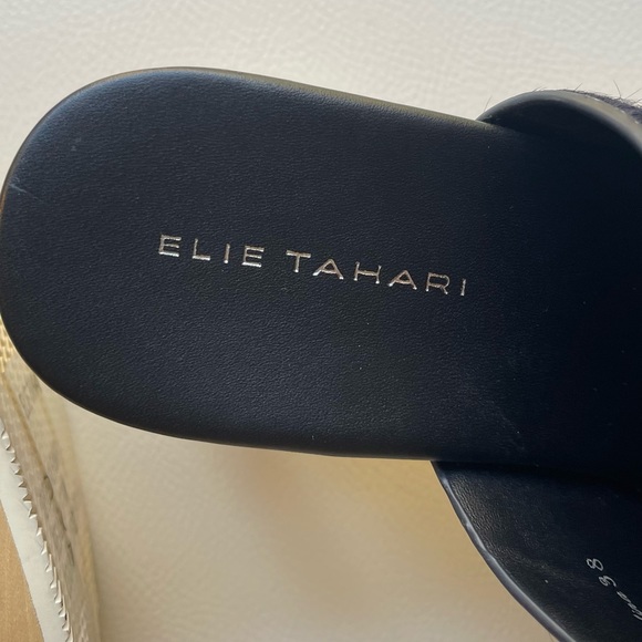 NWOT Elie Tahari Tortuga Navy Blue calf hair Leather wooden clogs navy blue 38 - Picture 7 of 11